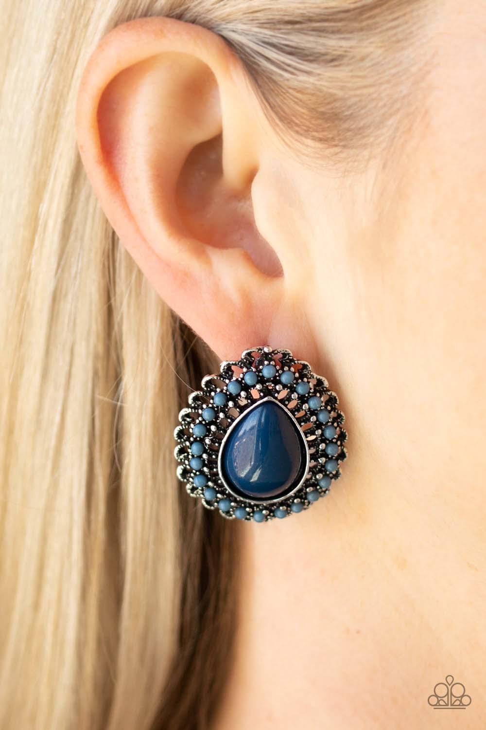 Beaded Blast Blue Post Earrings - Paparazzi Accessories- on model - CarasShop.com - Paparazzi Jewelry by Cara Jewels