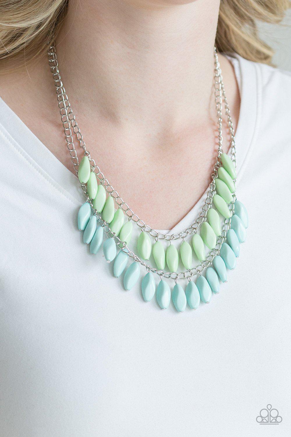 Beaded Boardwalk Blue and Green Necklace - Paparazzi Accessories- on model - CarasShop.com - Paparazzi Jewelry by Cara Jewels