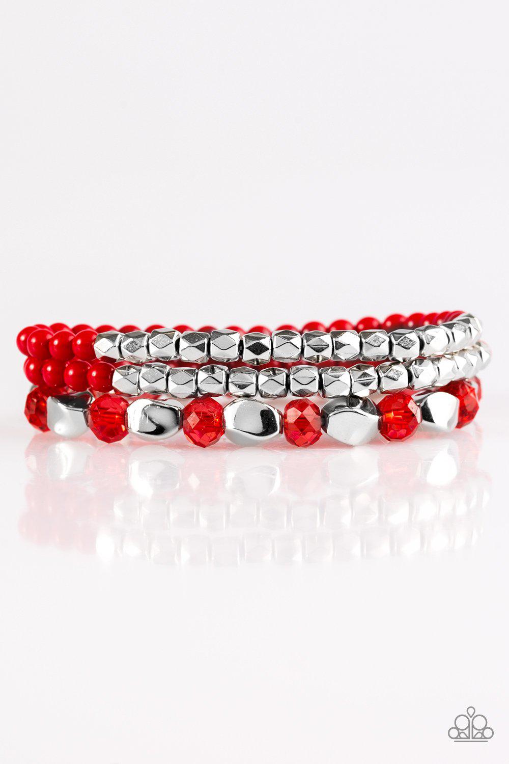 Beaded Bravado Red and Silver Bracelet Set - Paparazzi Accessories- lightbox - CarasShop.com - Paparazzi Jewelry by Cara Jewels