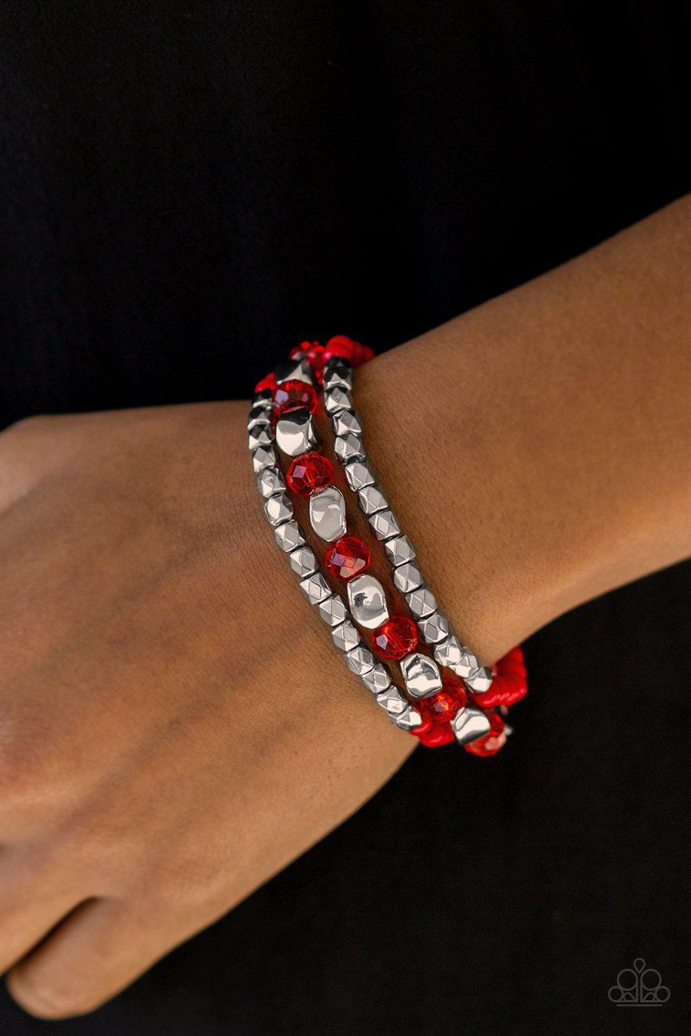 Beaded Bravado Red and Silver Bracelet Set - Paparazzi Accessories- on model - CarasShop.com - Paparazzi Jewelry by Cara Jewels