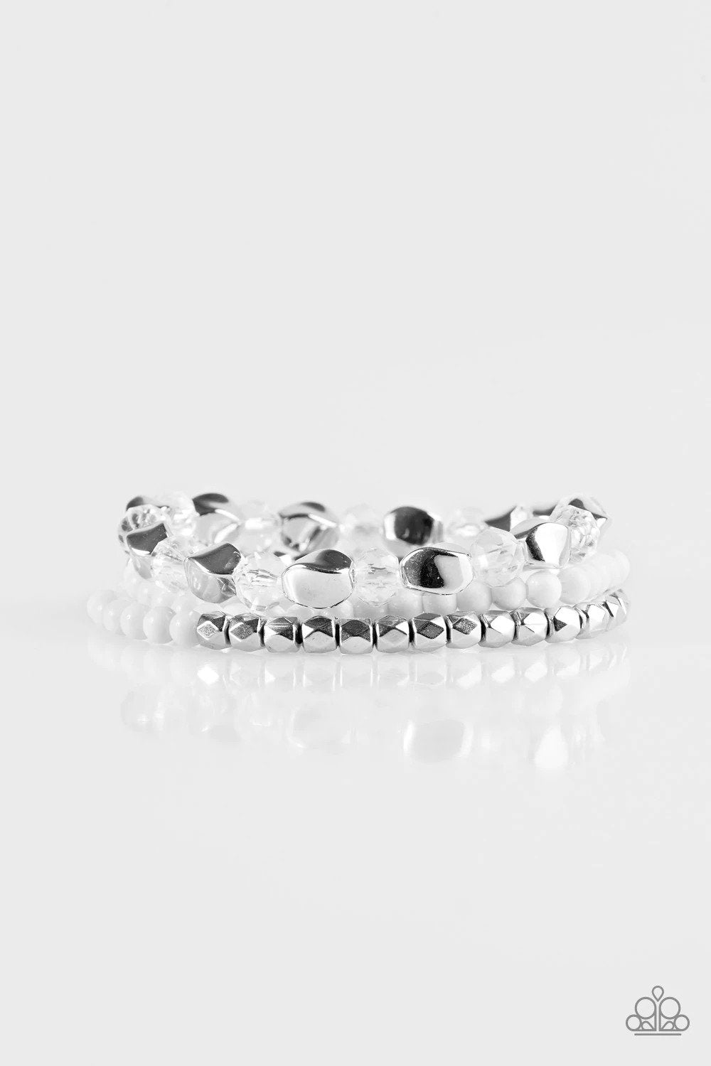 Beaded Bravado White Bracelet - Paparazzi Accessories- lightbox - CarasShop.com - Paparazzi Jewelry by Cara Jewels