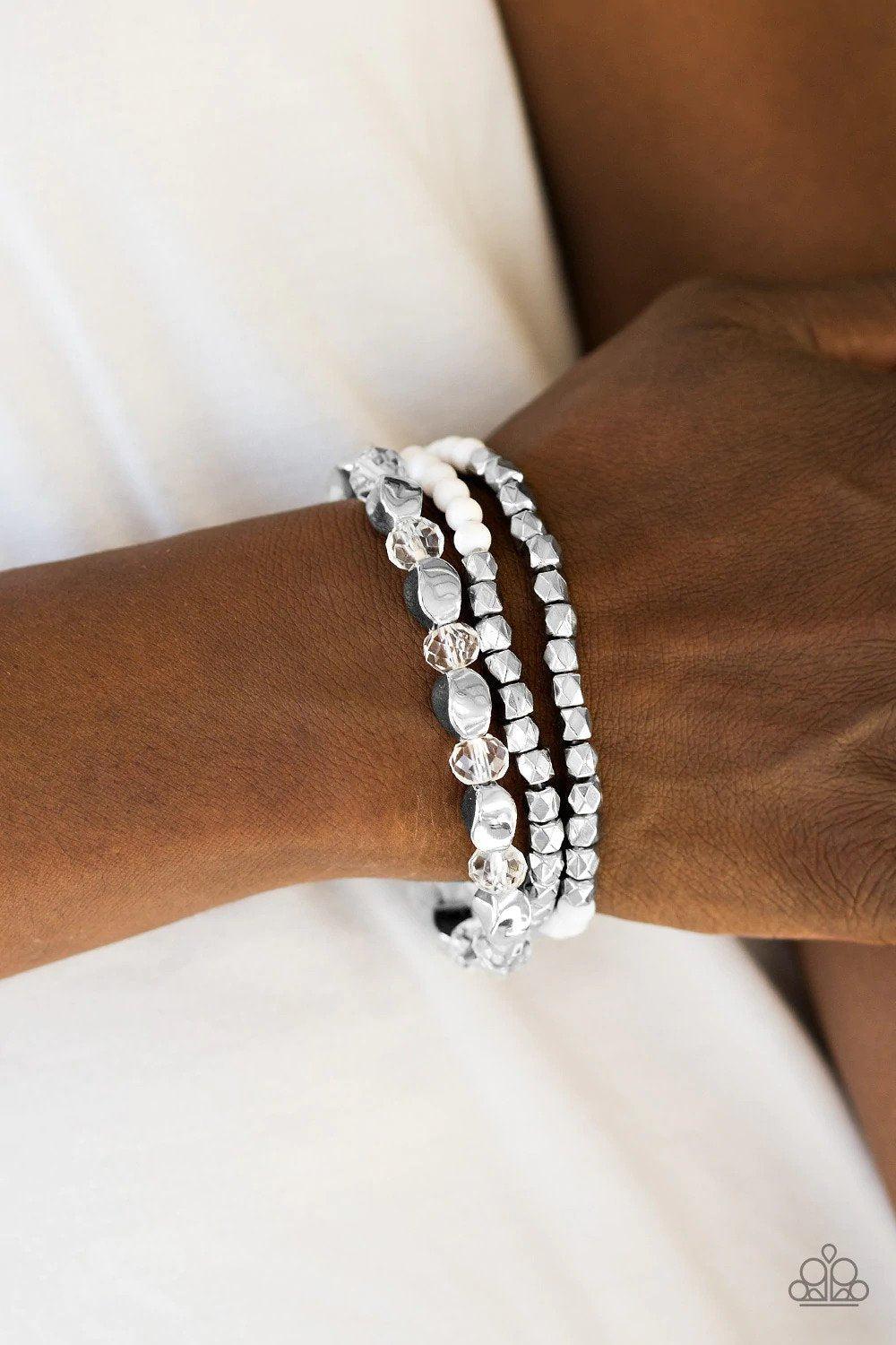 Beaded Bravado White Bracelet - Paparazzi Accessories- on model - CarasShop.com - Paparazzi Jewelry by Cara Jewels