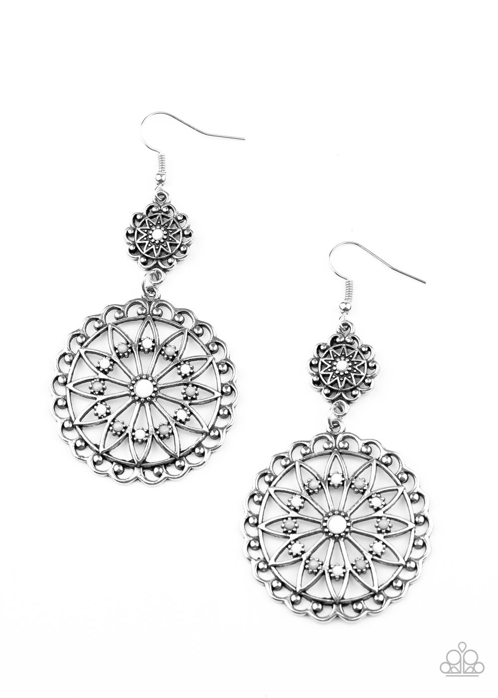 Beaded Brilliance White and Silver Earrings - Paparazzi Accessories- lightbox - CarasShop.com - Paparazzi Jewelry by Cara Jewels