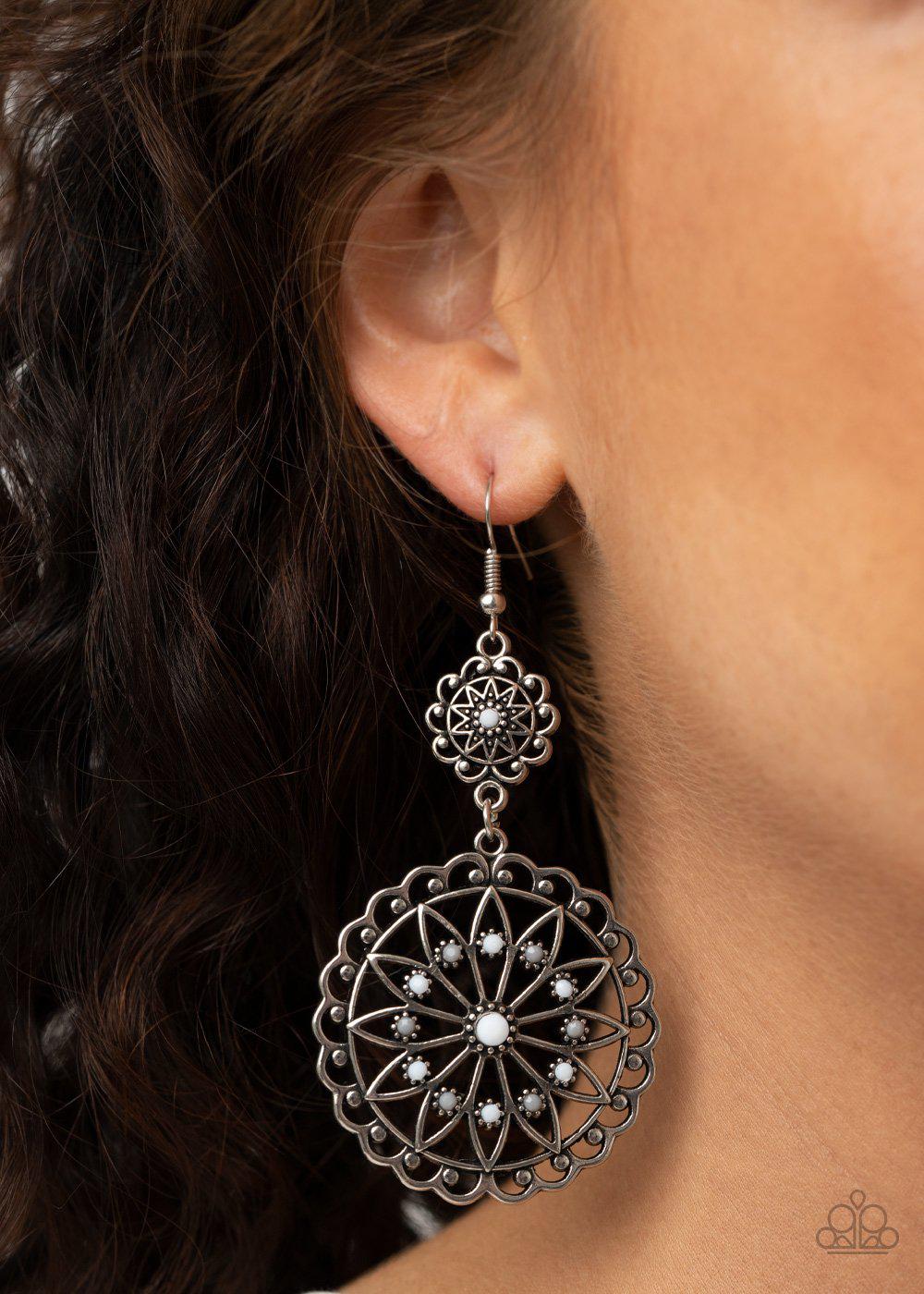 Beaded Brilliance White and Silver Earrings - Paparazzi Accessories- on model - CarasShop.com - Paparazzi Jewelry by Cara Jewels