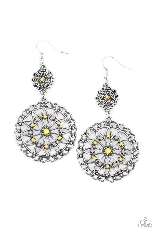 Beaded Brilliance Yellow and Silver Earrings - Paparazzi Accessories- lightbox - CarasShop.com - Paparazzi Jewelry by Cara Jewels