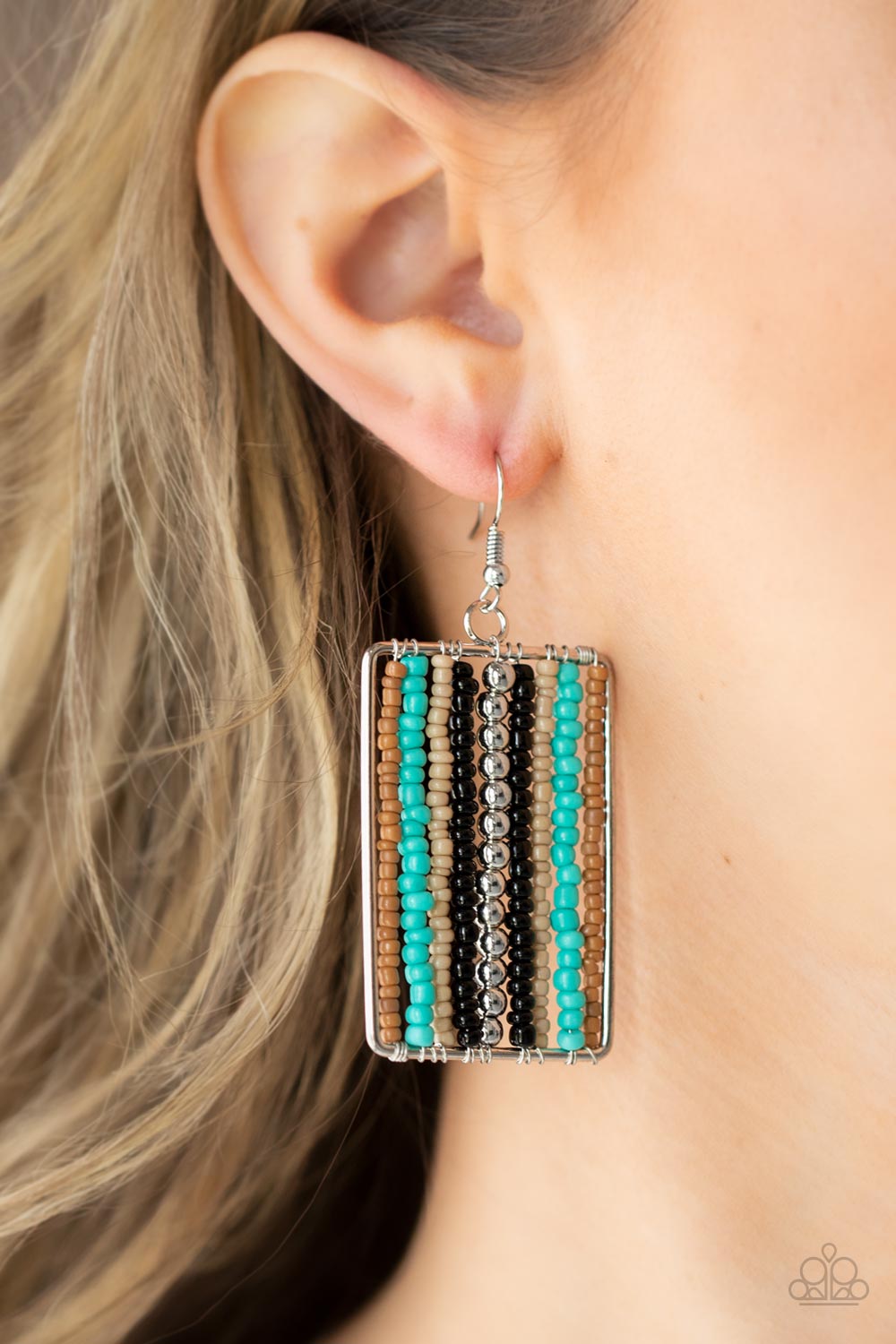 Beadwork Wonder Black, Turquoise, Tan Seed Bead Earrings - Paparazzi Accessories- on model - CarasShop.com - Paparazzi Jewelry by Cara Jewels