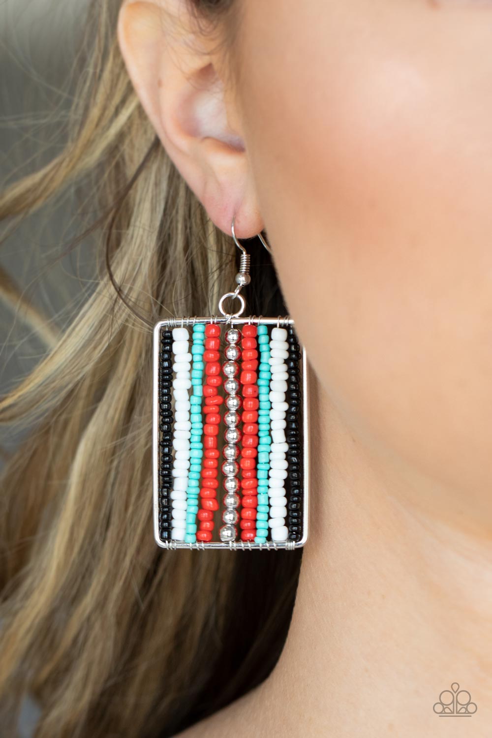 Beadwork Wonder Red & Multi Seed Bead Earrings - Paparazzi Accessories- on model - CarasShop.com - Paparazzi Jewelry by Cara Jewels