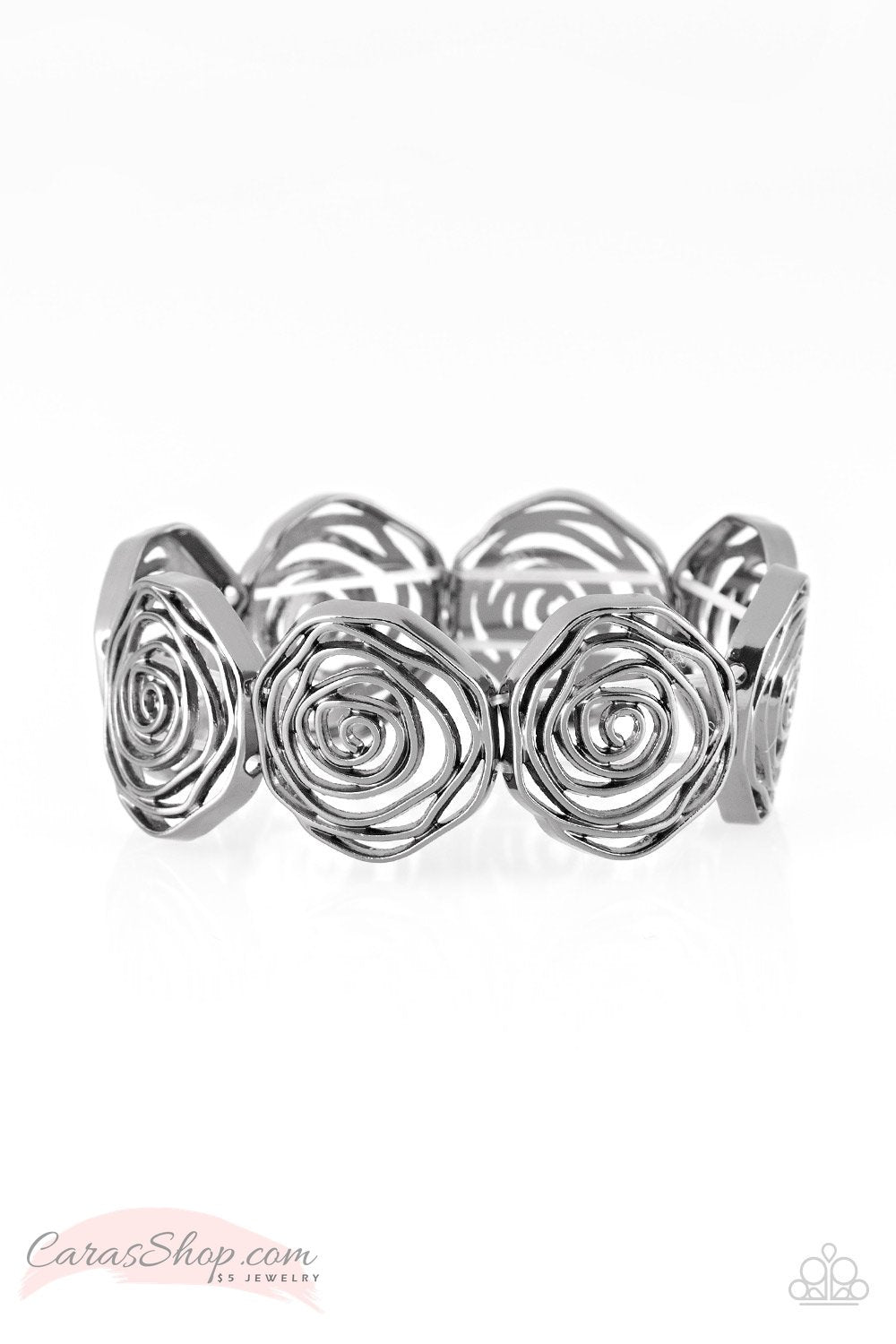 Beat Around The ROSEBUSH - Black Flower Stretch Bracelet - Paparazzi Accessories- lightbox - CarasShop.com - Paparazzi Jewelry by Cara Jewels