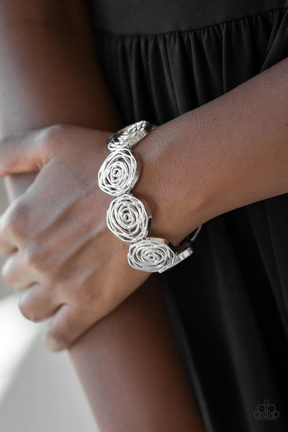 Beat Around The ROSEBUSH Silver Bracelet - Paparazzi Accessories- on model - CarasShop.com - Paparazzi Jewelry by Cara Jewels