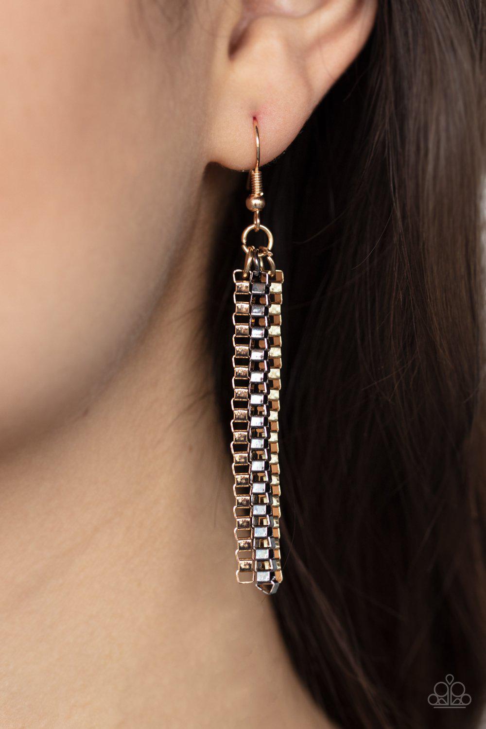 Beat Box Queen Gold and Gunmetal Box Chain Necklace - Paparazzi Accessories - free matching earrings -CarasShop.com - Paparazzi Jewelry by Cara Jewels