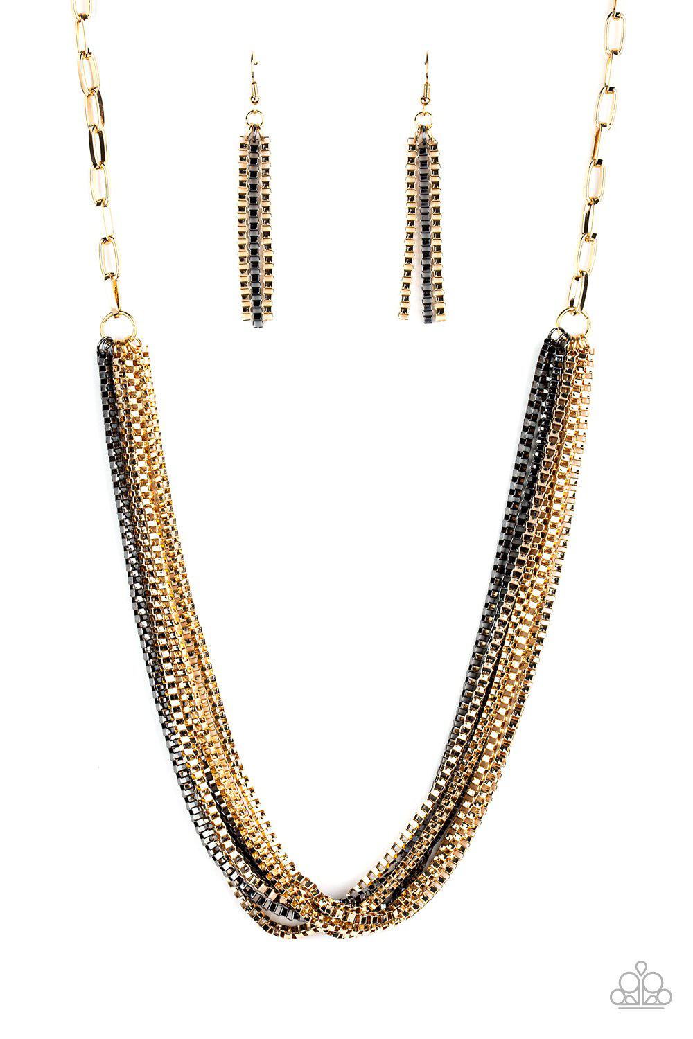 Beat Box Queen Gold and Gunmetal Box Chain Necklace - Paparazzi Accessories- lightbox - CarasShop.com - Paparazzi Jewelry by Cara Jewels