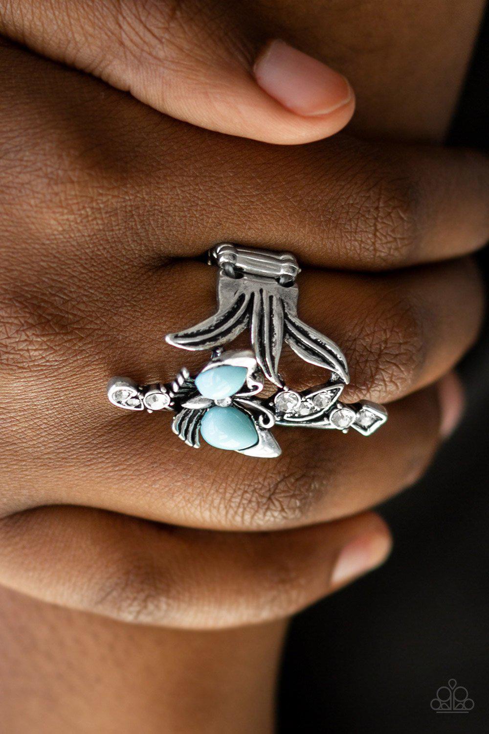 Beautiful In Butterflies Blue and Silver Ring - Paparazzi Accessories- on model - CarasShop.com - Paparazzi Jewelry by Cara Jewels