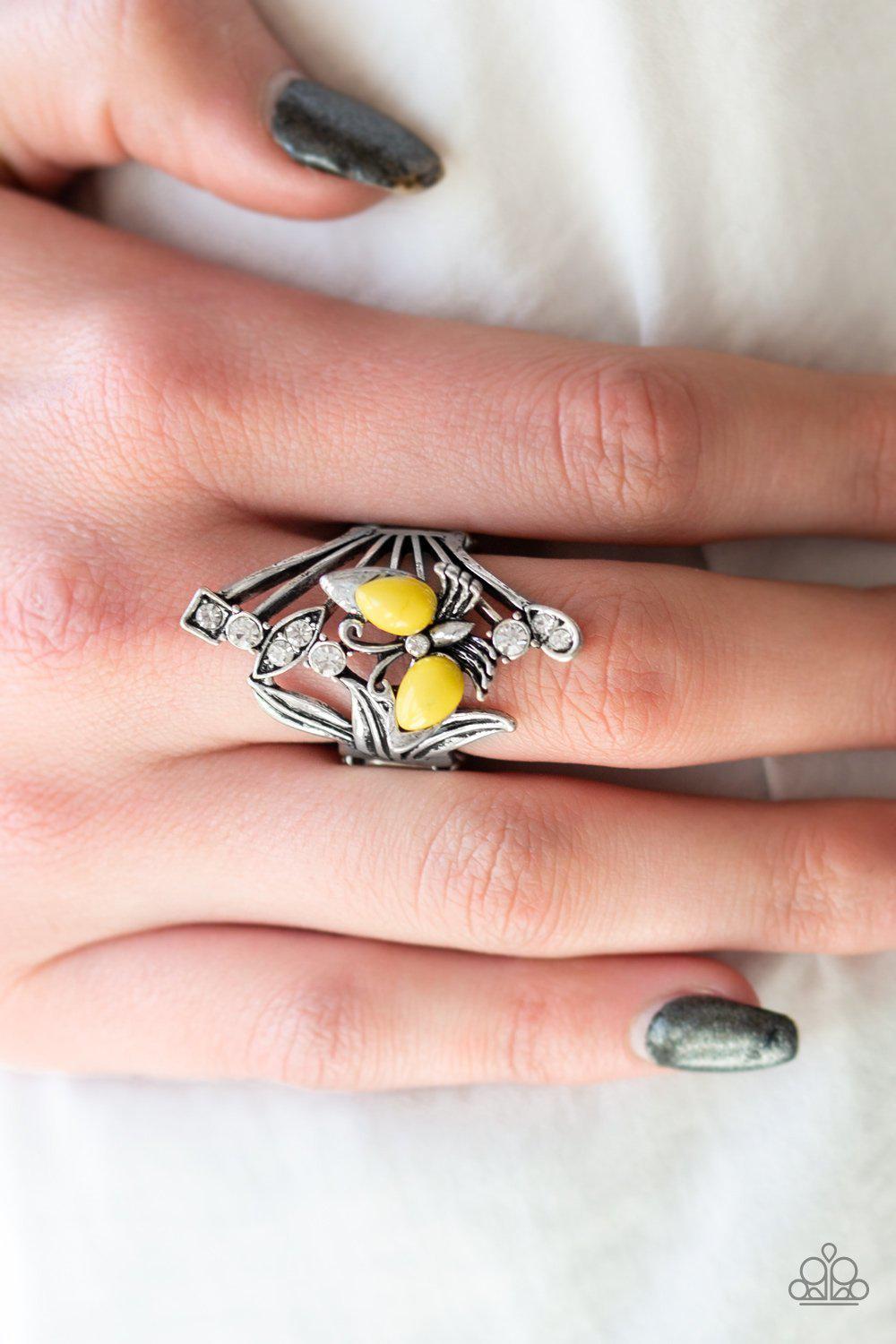 Beautiful In Butterflies Yellow and Silver Ring - Paparazzi Accessories- on model - CarasShop.com - Paparazzi Jewelry by Cara Jewels