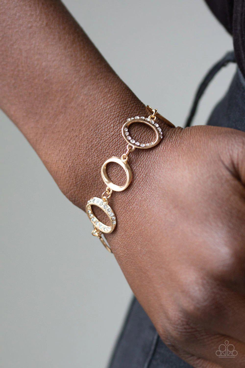 Beautiful Inside and Out Gold and White Gem Bracelet - Paparazzi Accessories- lightbox - CarasShop.com - Paparazzi Jewelry by Cara Jewels