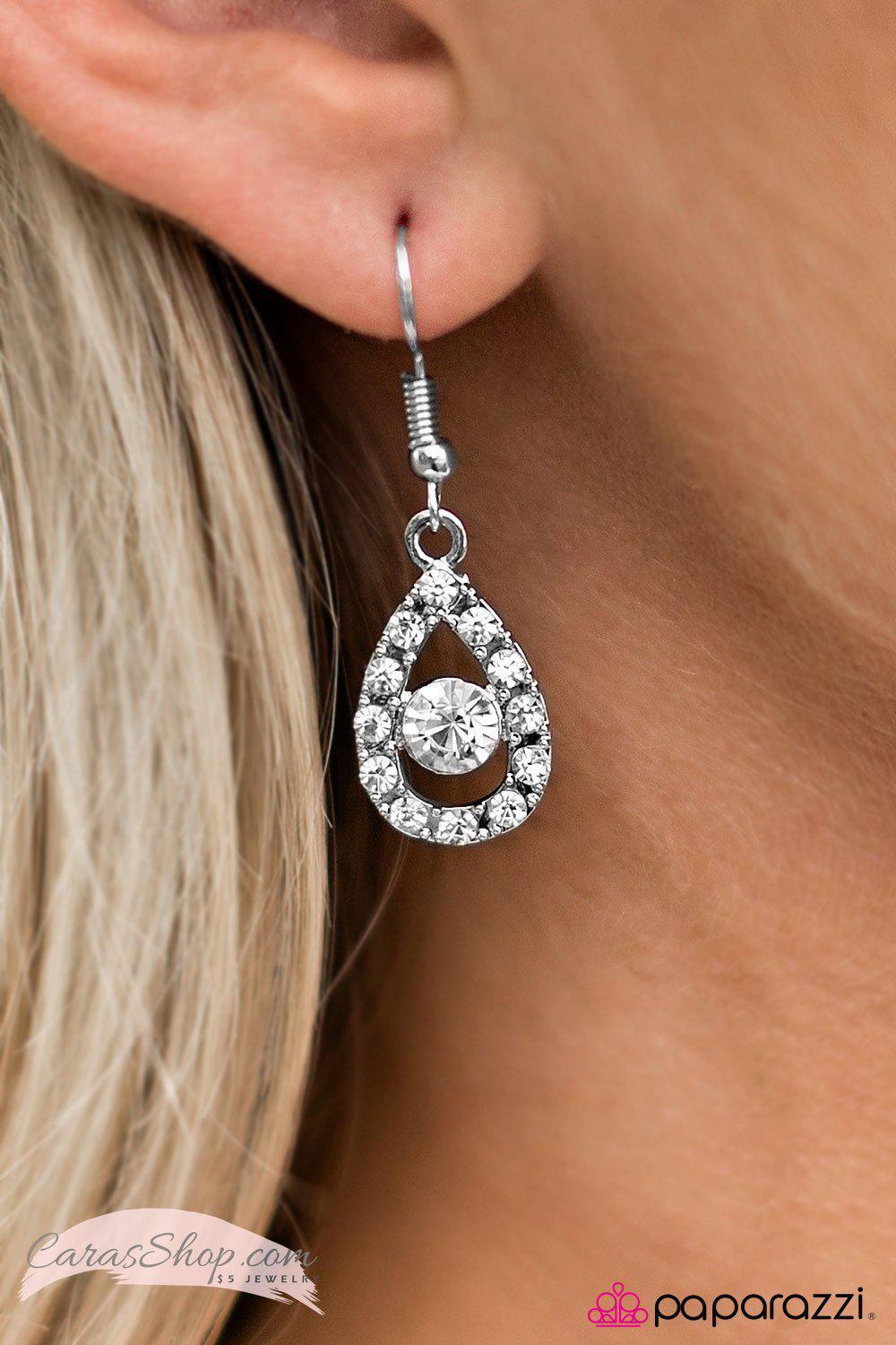 Beauty and Grace White Rhinestone Earrings - Paparazzi Accessories- on model - CarasShop.com - Paparazzi Jewelry by Cara Jewels
