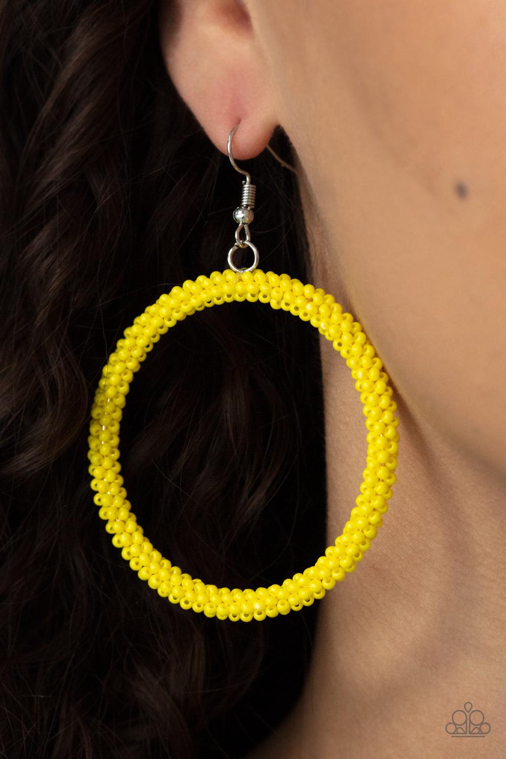 Beauty and the BEACH Yellow Seed Bead Earrings - Paparazzi Accessories- on model - CarasShop.com - Paparazzi Jewelry by Cara Jewels