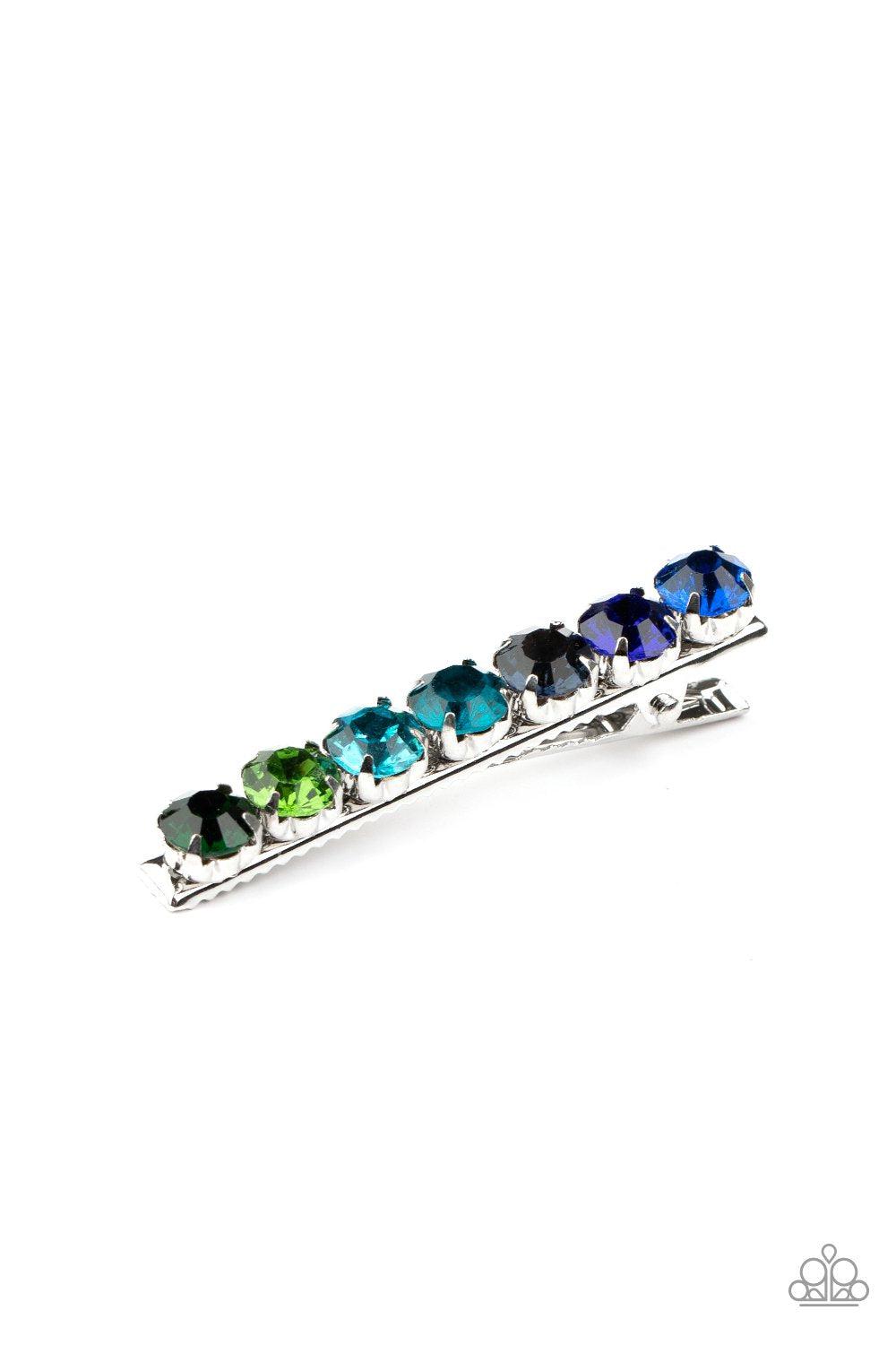 Bedazzling Beauty Multi-color Blue and Green Rhinestone Hair Clip - Paparazzi Accessories- lightbox - CarasShop.com - Paparazzi Jewelry by Cara Jewels
