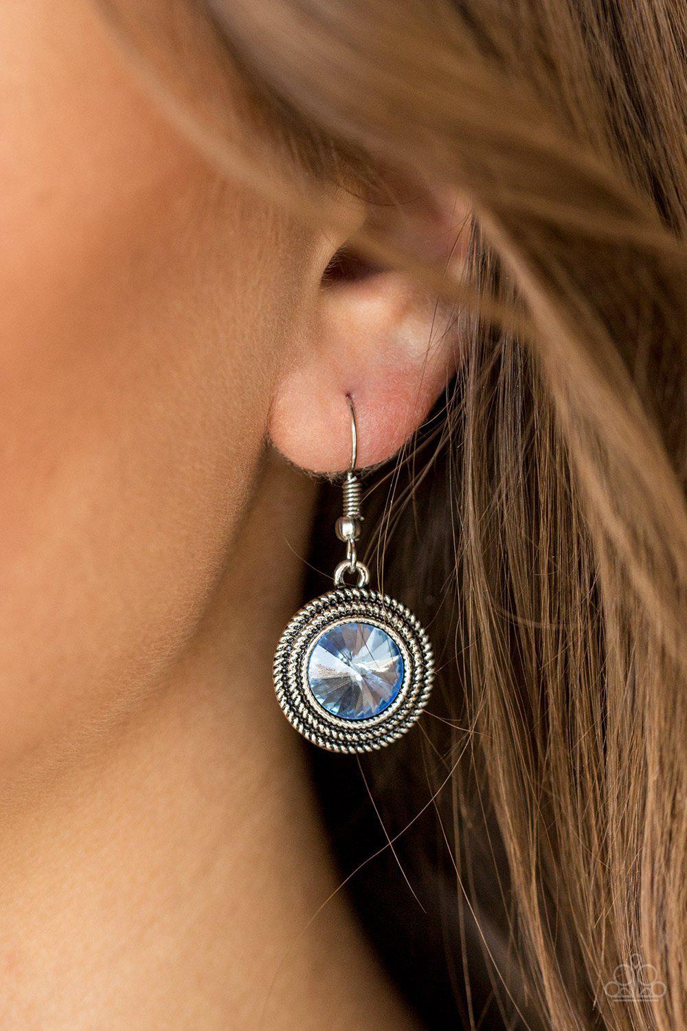 Beginners Luxe Blue Earrings - Paparazzi Accessories- on model - CarasShop.com - Paparazzi Jewelry by Cara Jewels