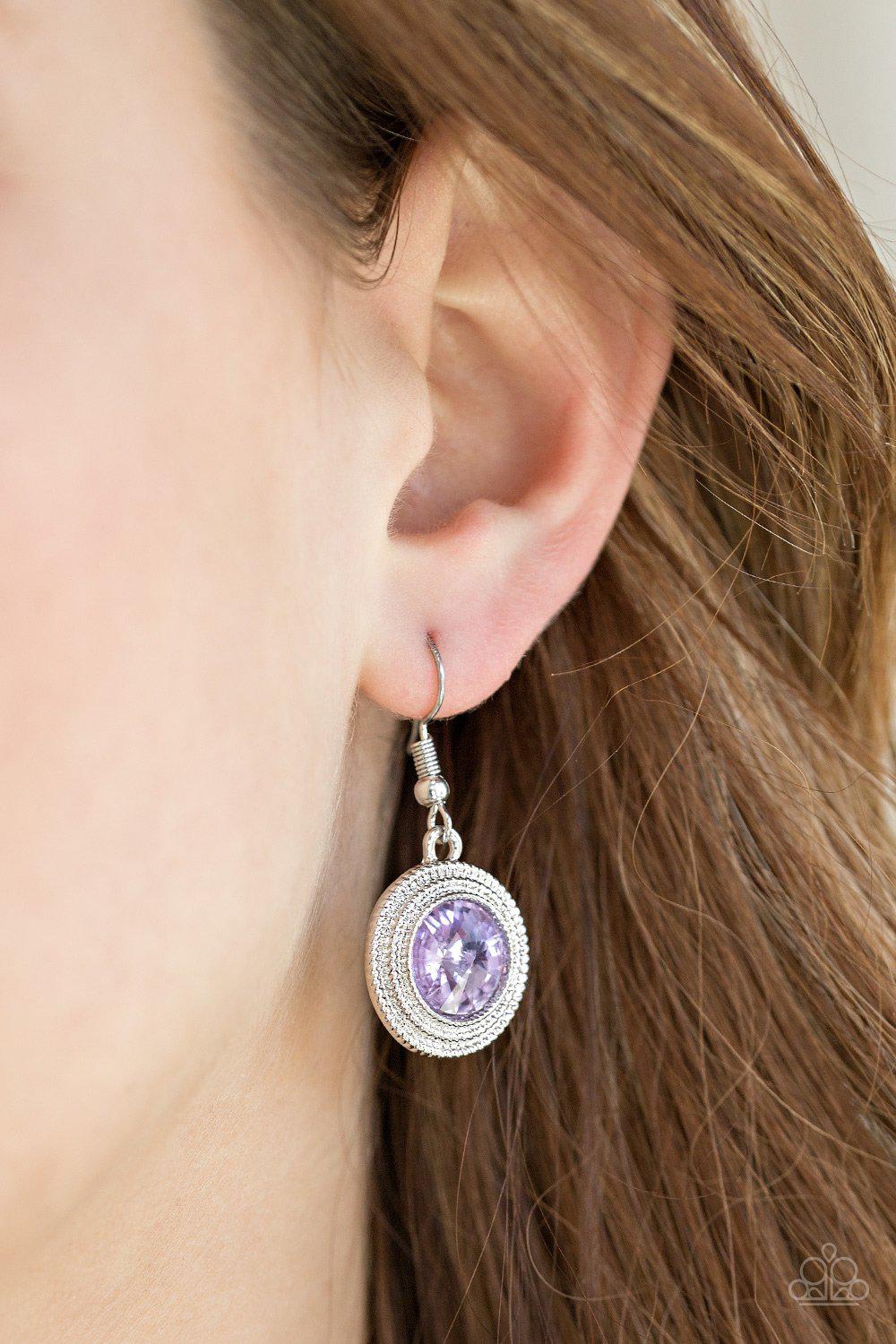Beginner's Luxe Purple Gem Earrings - Paparazzi Accessories- on model - CarasShop.com - Paparazzi Jewelry by Cara Jewels