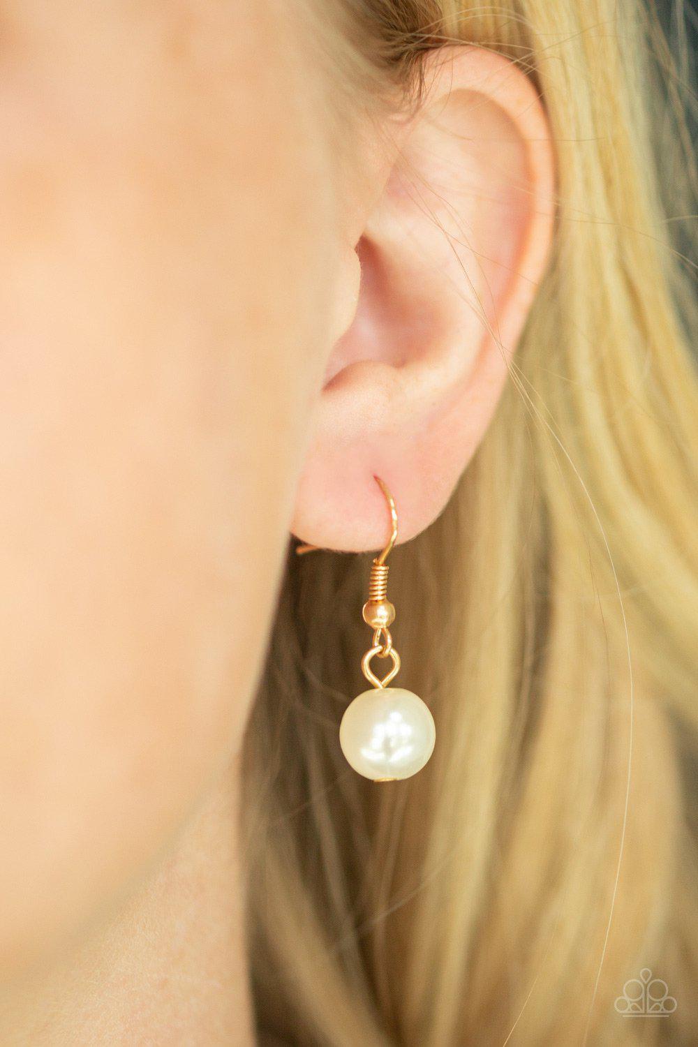 Behind The Scenes Gold and White Pearl Necklace - Paparazzi Accessories - free matching earrings -CarasShop.com - Paparazzi Jewelry by Cara Jewels