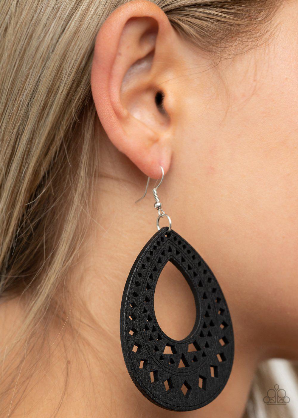 Belize Beauty Black Wood Earrings - Paparazzi Accessories- on model - CarasShop.com - Paparazzi Jewelry by Cara Jewels