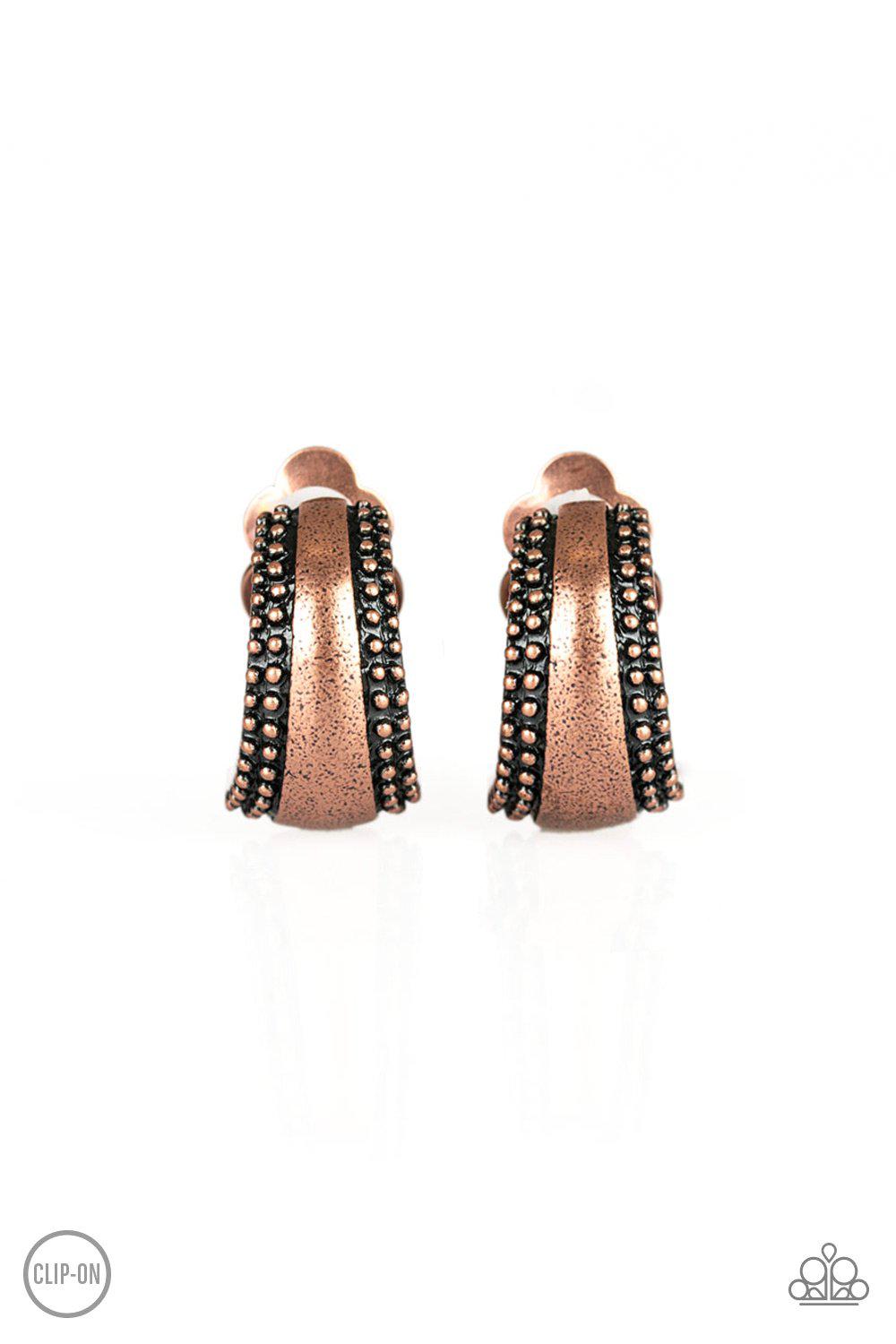 Bells Ringing Copper Clip-On Earrings - Paparazzi Accessories- lightbox - CarasShop.com - Paparazzi Jewelry by Cara Jewels