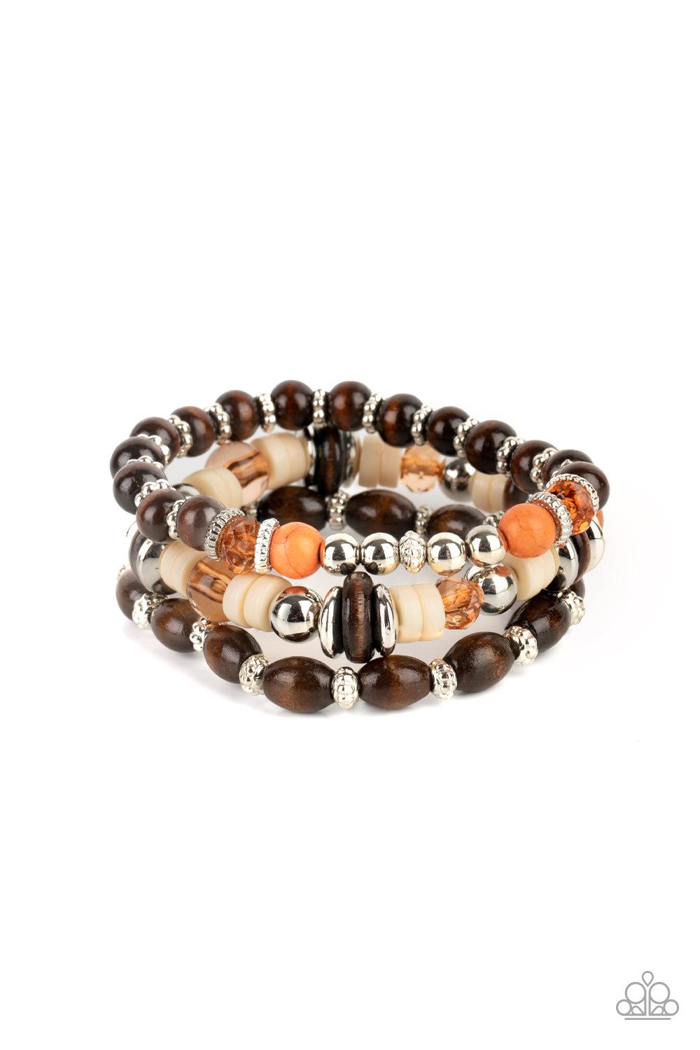 Belongs In The Wild Multi Wood and Orange Stone Bracelet - Paparazzi Accessories- lightbox - CarasShop.com - Paparazzi Jewelry by Cara Jewels