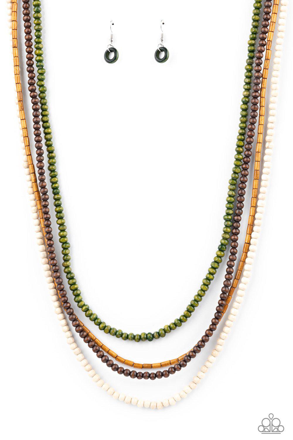 Bermuda Beaches Green, Brown and White Wood Necklace - Paparazzi Accessories- lightbox - CarasShop.com - Paparazzi Jewelry by Cara Jewels