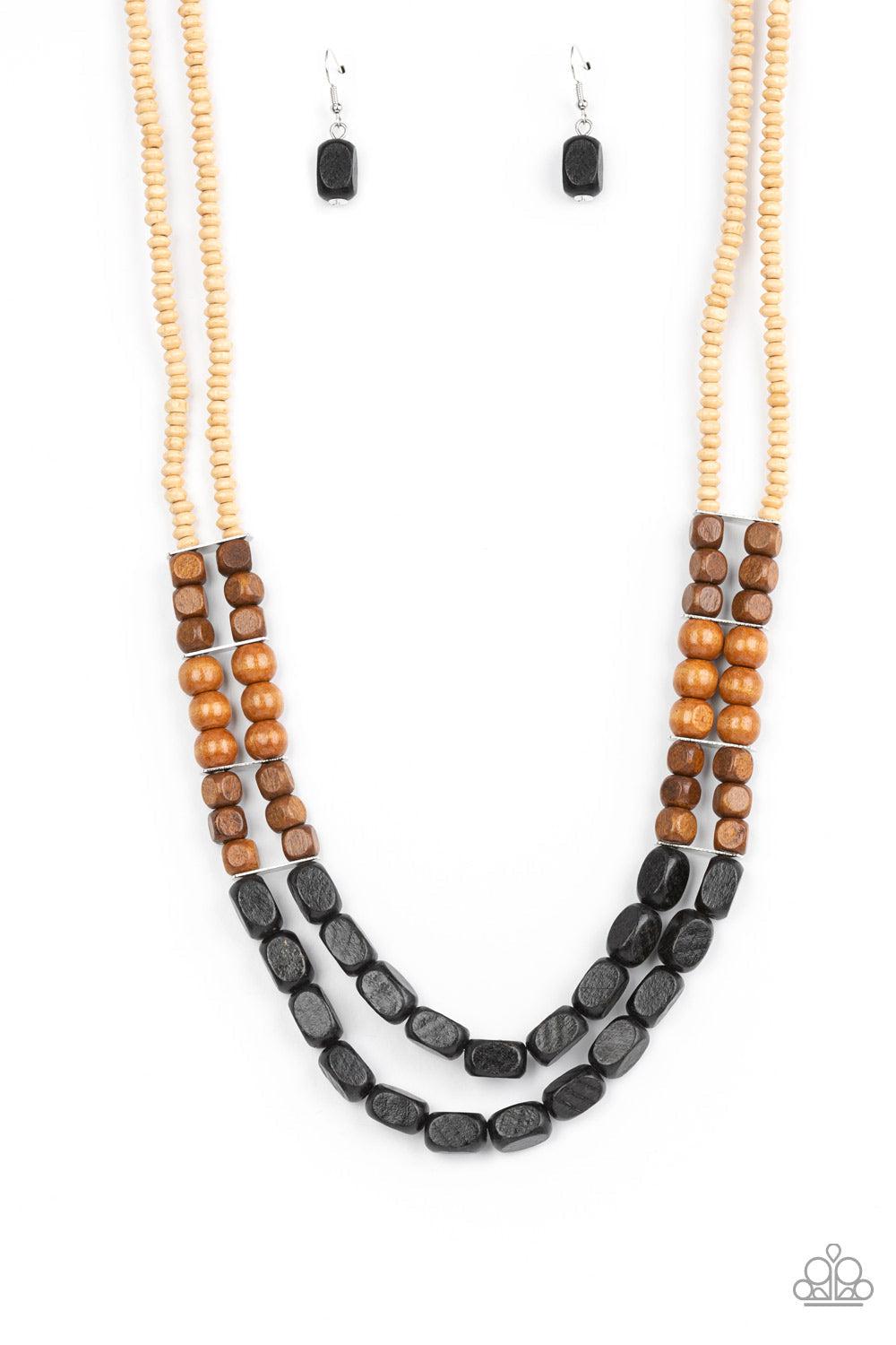 Bermuda Bellhop Black, White & Brown Wood Necklace - Paparazzi Accessories- lightbox - CarasShop.com - Paparazzi Jewelry by Cara Jewels