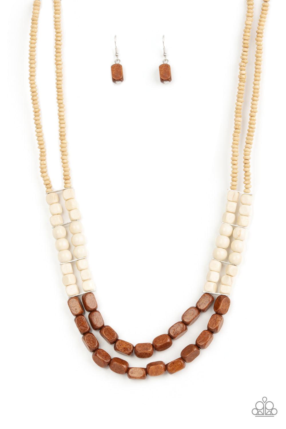 Bermuda Bellhop Brown & White Wood Necklace - Paparazzi Accessories- lightbox - CarasShop.com - Paparazzi Jewelry by Cara Jewels