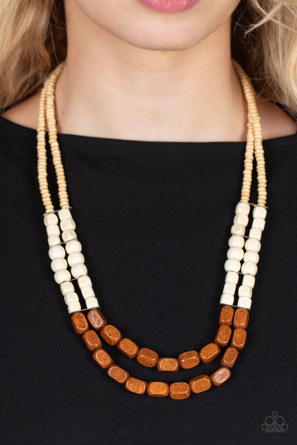 Bermuda Bellhop Brown & White Wood Necklace - Paparazzi Accessories- lightbox - CarasShop.com - Paparazzi Jewelry by Cara Jewels