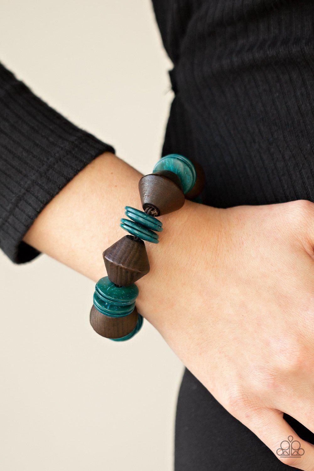 Bermuda Boardwalk Blue and Brown Wood Bracelet - Paparazzi Accessories- on model - CarasShop.com - Paparazzi Jewelry by Cara Jewels