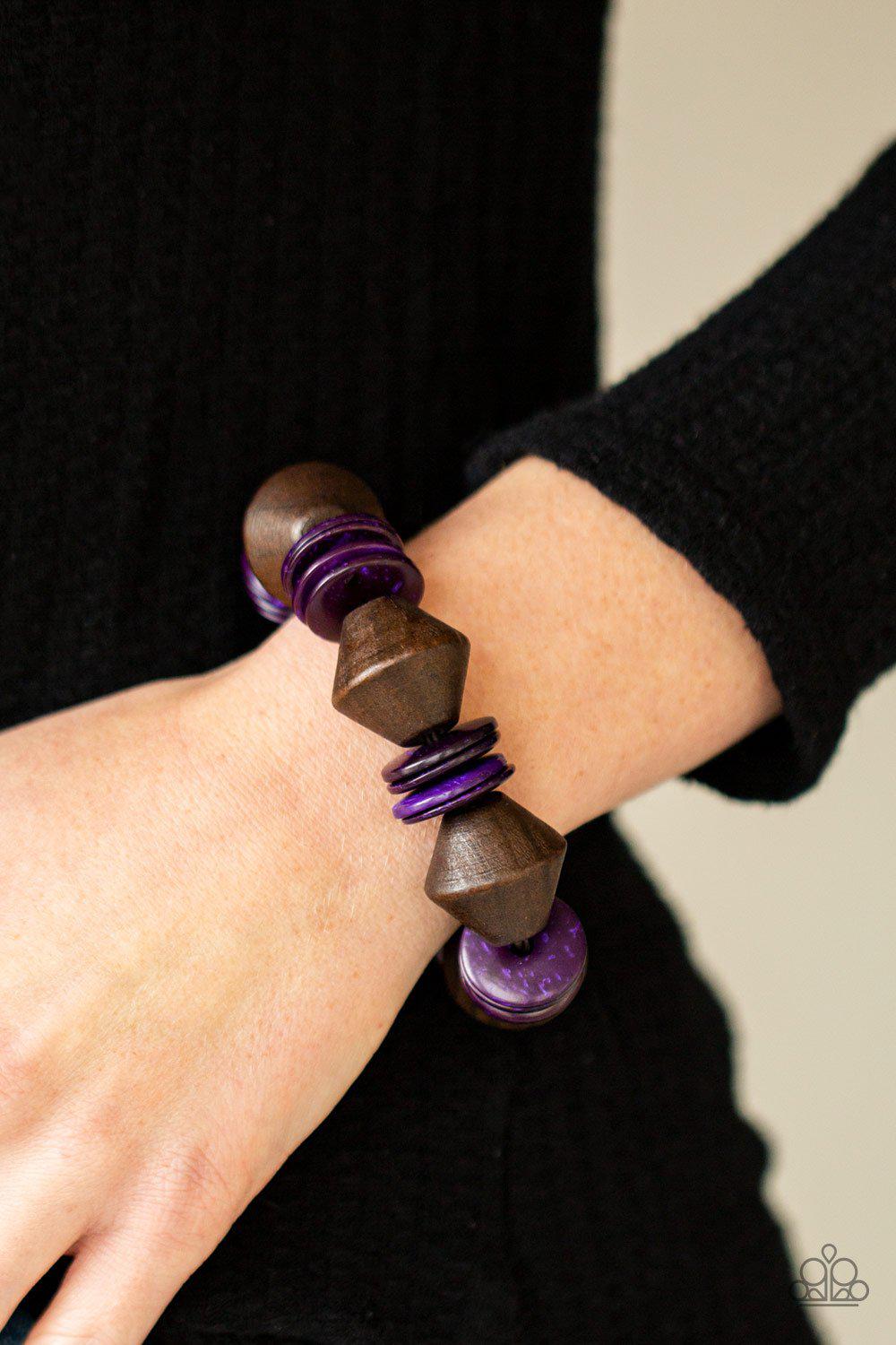Bermuda Boardwalk Purple and Brown Wood Bracelet - Paparazzi Accessories- on model - CarasShop.com - Paparazzi Jewelry by Cara Jewels