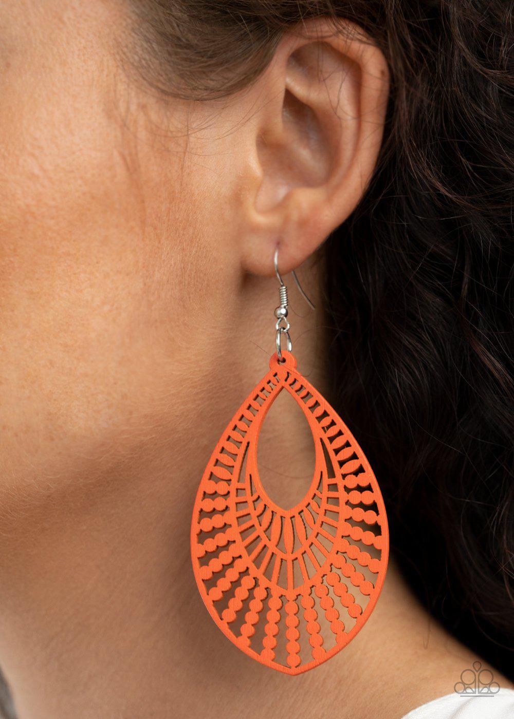 Bermuda Breeze Orange Wood Earrings - Paparazzi Accessories- on model - CarasShop.com - Paparazzi Jewelry by Cara Jewels