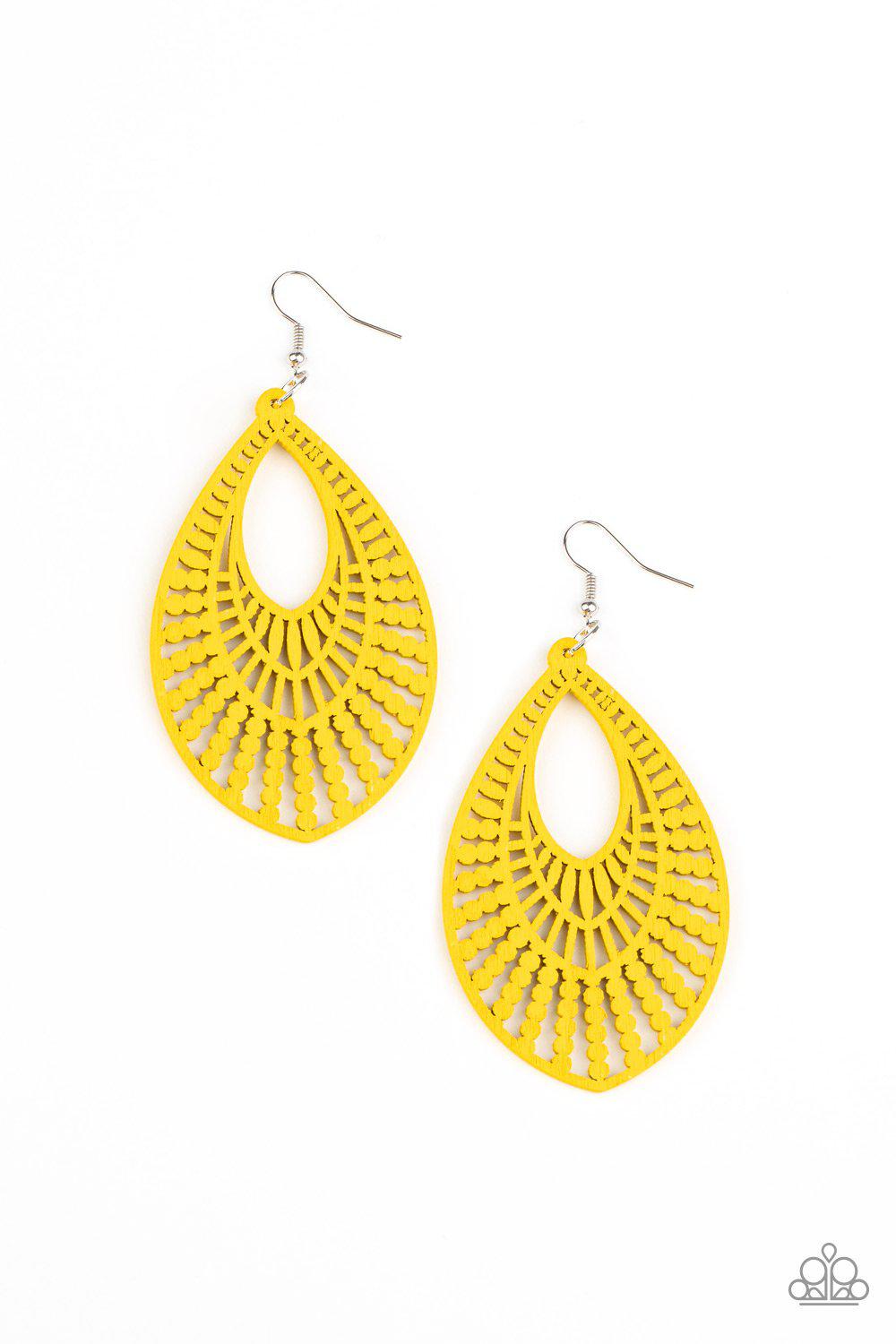 Bermuda Breeze Yellow Wood Earrings - Paparazzi Accessories- lightbox - CarasShop.com - Paparazzi Jewelry by Cara Jewels