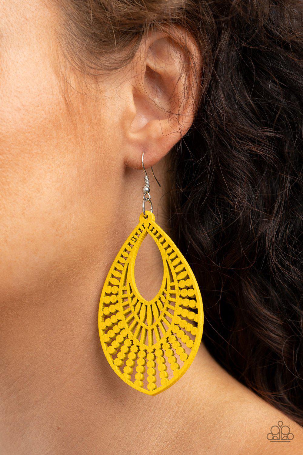 Bermuda Breeze Yellow Wood Earrings - Paparazzi Accessories- on model - CarasShop.com - Paparazzi Jewelry by Cara Jewels