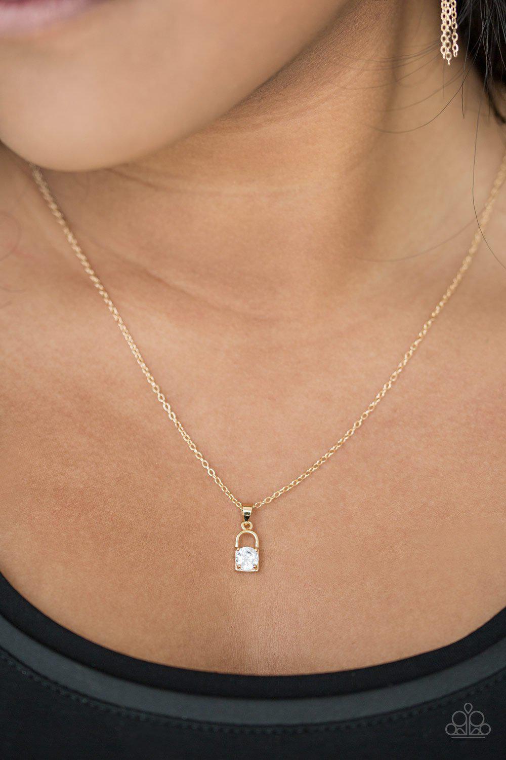 Best Of LOCK Gold Necklace - Paparazzi Accessories- on model - CarasShop.com - Paparazzi Jewelry by Cara Jewels