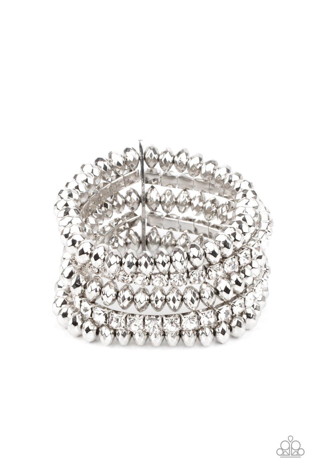 Best of LUXE White Rhinestone and Silver Stacked Bracelet - Paparazzi Accessories- lightbox - CarasShop.com - Paparazzi Jewelry by Cara Jewels