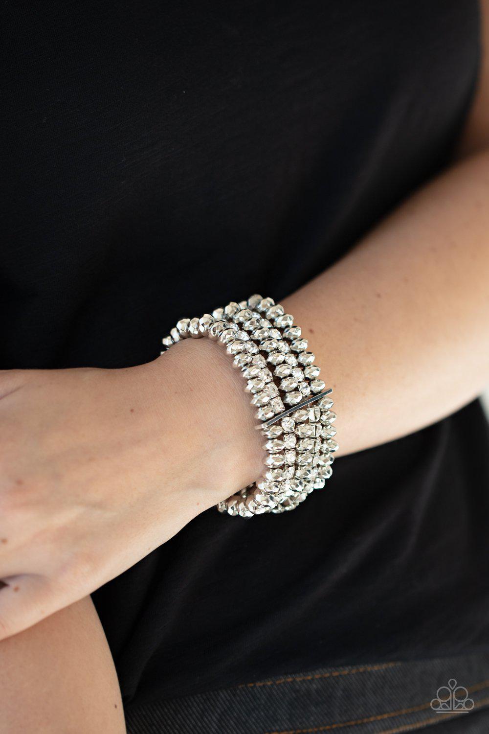 Best of LUXE White Rhinestone and Silver Stacked Bracelet - Paparazzi Accessories- on model - CarasShop.com - Paparazzi Jewelry by Cara Jewels