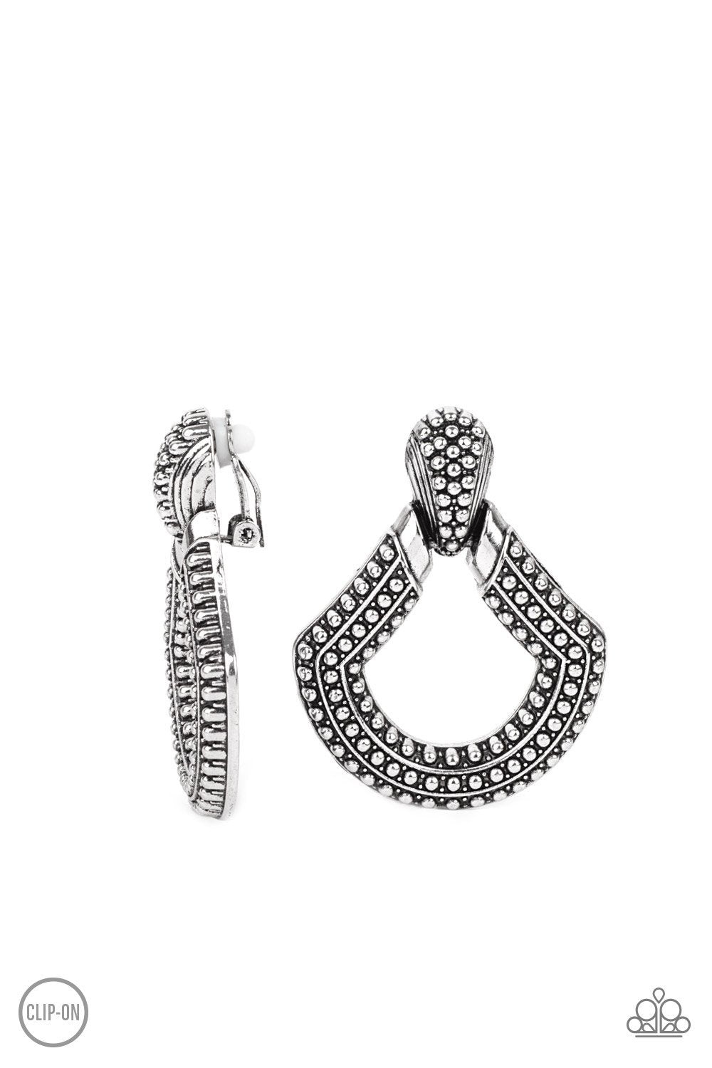 Better Buckle Up Silver Clip-on Earrings - Paparazzi Accessories- lightbox - CarasShop.com - Paparazzi Jewelry by Cara Jewels