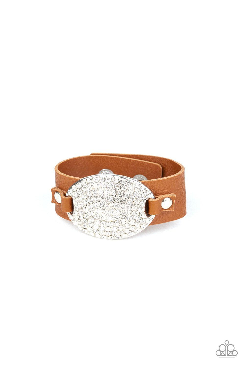 Better Recognize Brown Leather and White Rhinestone Urban Wrap Snap Bracelet - Paparazzi Accessories- lightbox - CarasShop.com - Paparazzi Jewelry by Cara Jewels