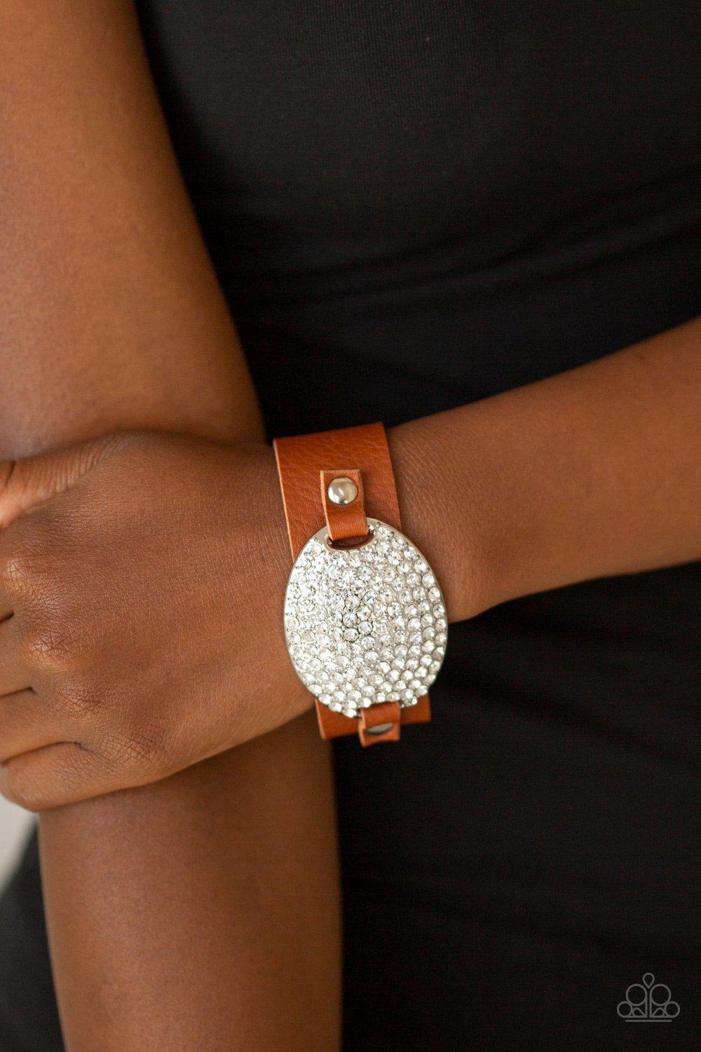 Better Recognize Brown Leather and White Rhinestone Urban Wrap Snap Bracelet - Paparazzi Accessories- on model - CarasShop.com - Paparazzi Jewelry by Cara Jewels