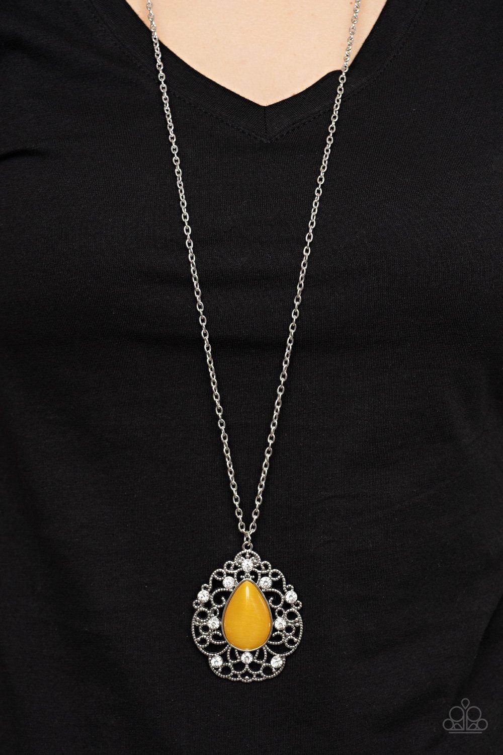 Bewitched Beam Yellow Cat's Eye Stone Necklace - Paparazzi Accessories- on model - CarasShop.com - Paparazzi Jewelry by Cara Jewels