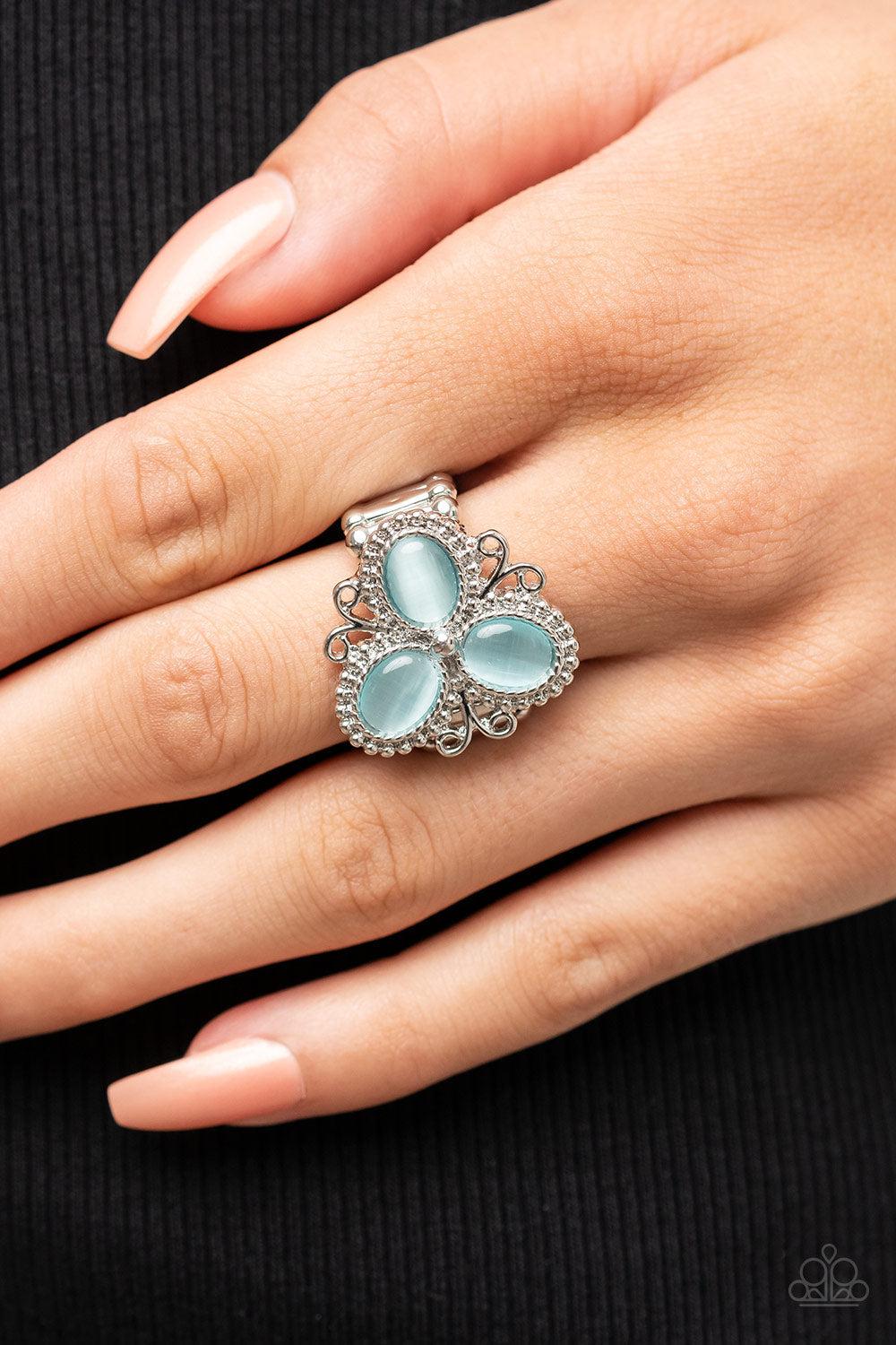 Bewitched Blossoms Blue Cat's Eye Stone Ring - Paparazzi Accessories- on model - CarasShop.com - Paparazzi Jewelry by Cara Jewels