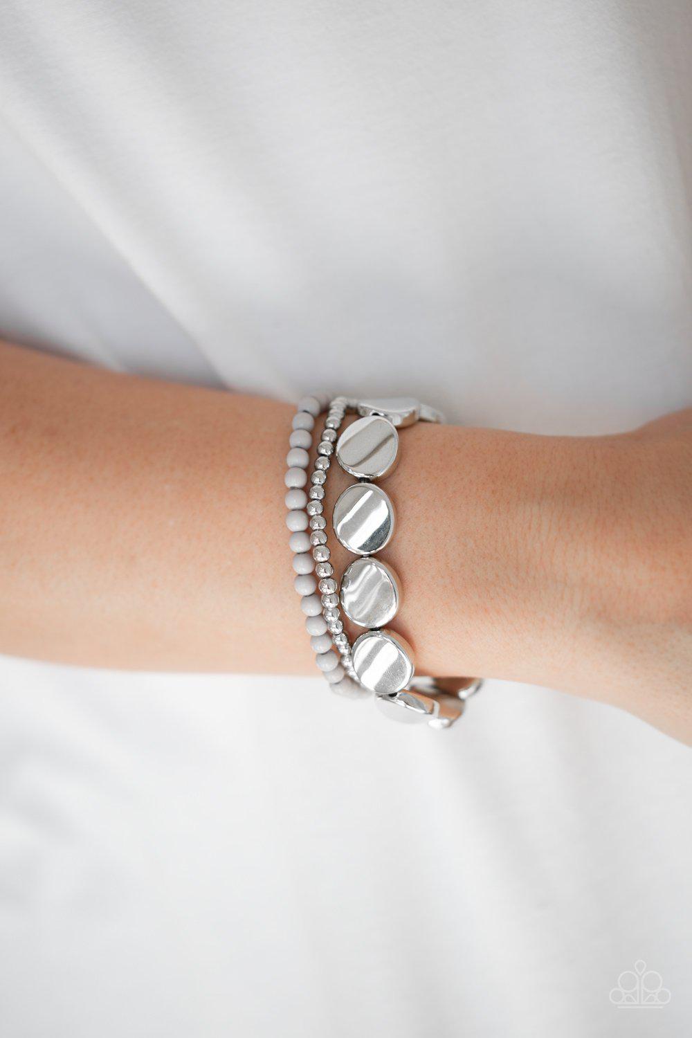 Beyond The Basics Silver Bracelet Set - Paparazzi Accessories- on model - CarasShop.com - Paparazzi Jewelry by Cara Jewels