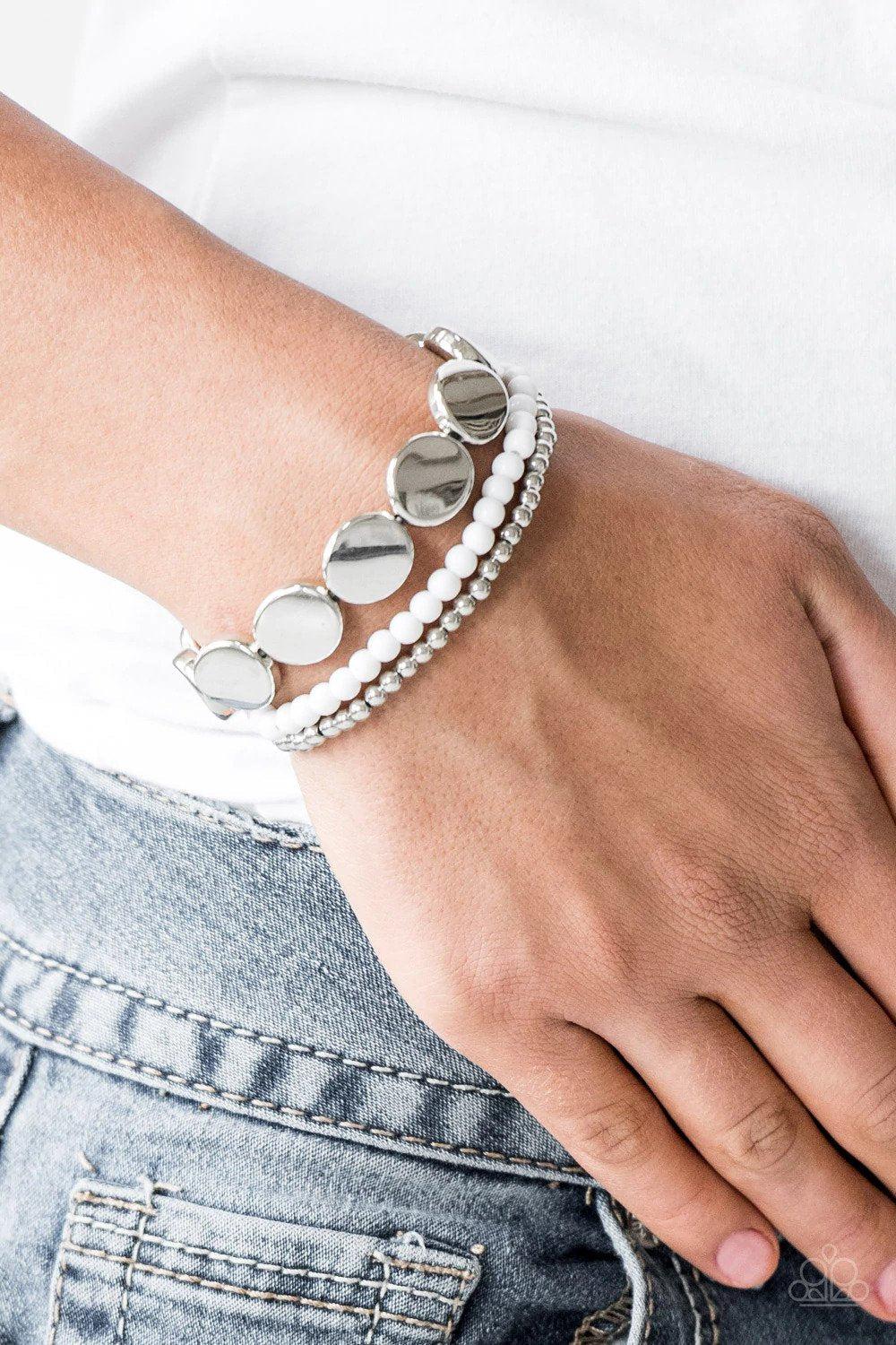 Beyond The Basics White Bracelet - Paparazzi Accessories- on model - CarasShop.com - Paparazzi Jewelry by Cara Jewels