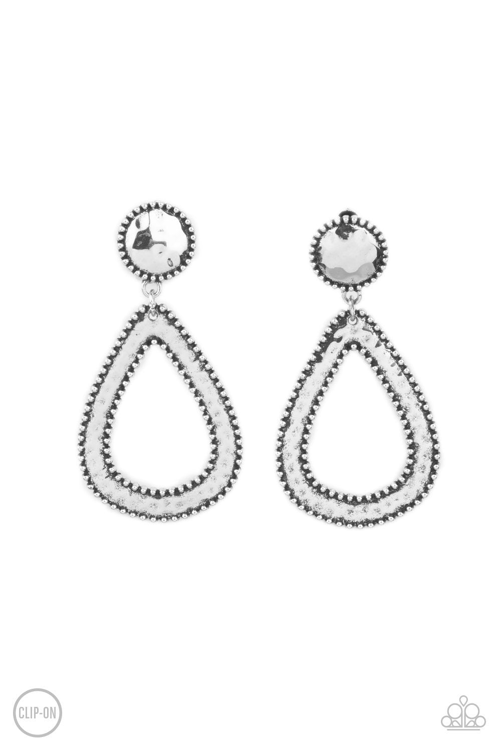 Beyond The Borders Silver Clip-on Earrings - Paparazzi Accessories- lightbox - CarasShop.com - Paparazzi Jewelry by Cara Jewels