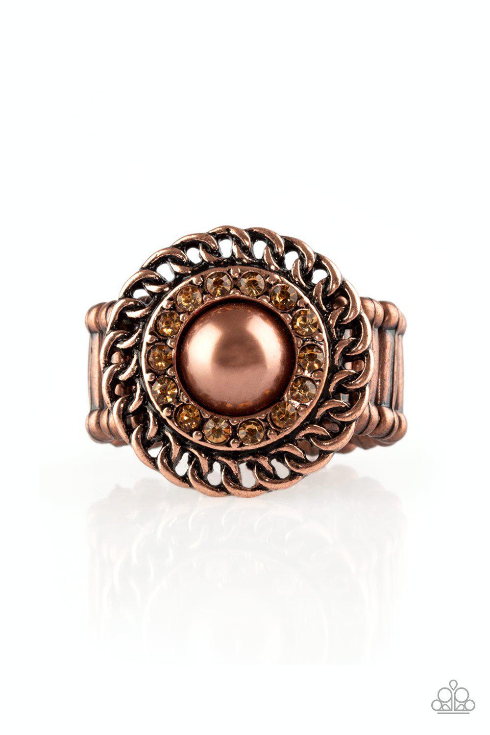 Big City Attitude Copper Pearl and Rhinestone Ring - Paparazzi Accessories- lightbox - CarasShop.com - Paparazzi Jewelry by Cara Jewels