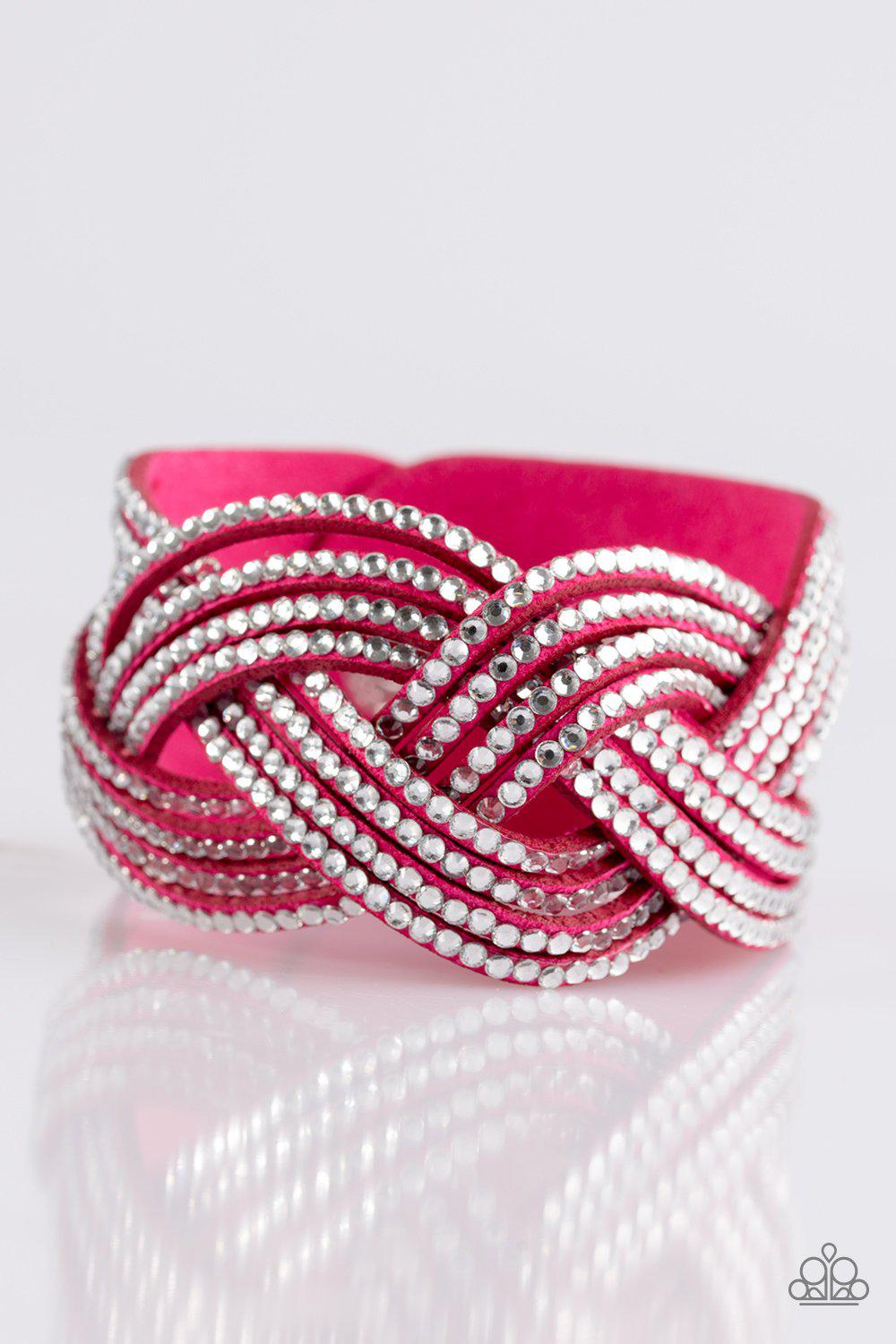 Big City Shimmer Hot Pink and White Braided Wrap Snap Bracelet - Paparazzi Accessories- lightbox - CarasShop.com - Paparazzi Jewelry by Cara Jewels