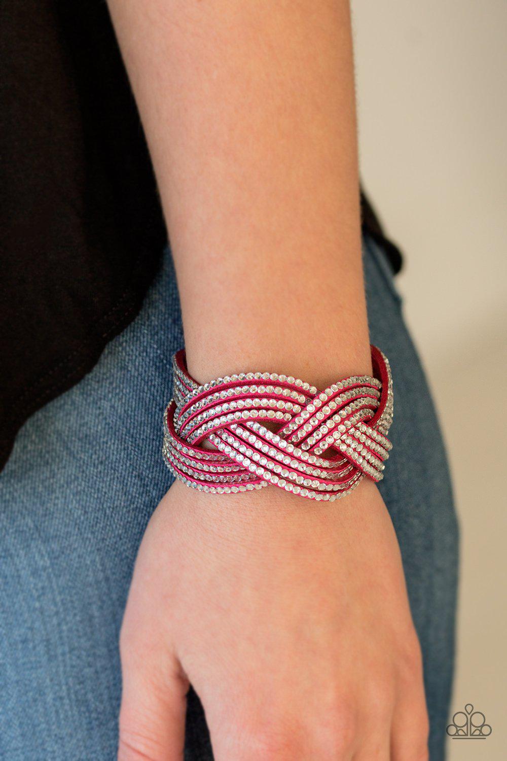 Big City Shimmer Hot Pink and White Braided Wrap Snap Bracelet - Paparazzi Accessories- on model - CarasShop.com - Paparazzi Jewelry by Cara Jewels